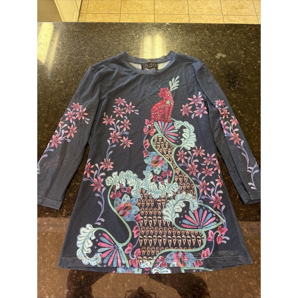 Johnny Was Jade Natalie 3/4 Sleeve Mesh Tee Sz M Lined Floral Navy Blouse Shirt